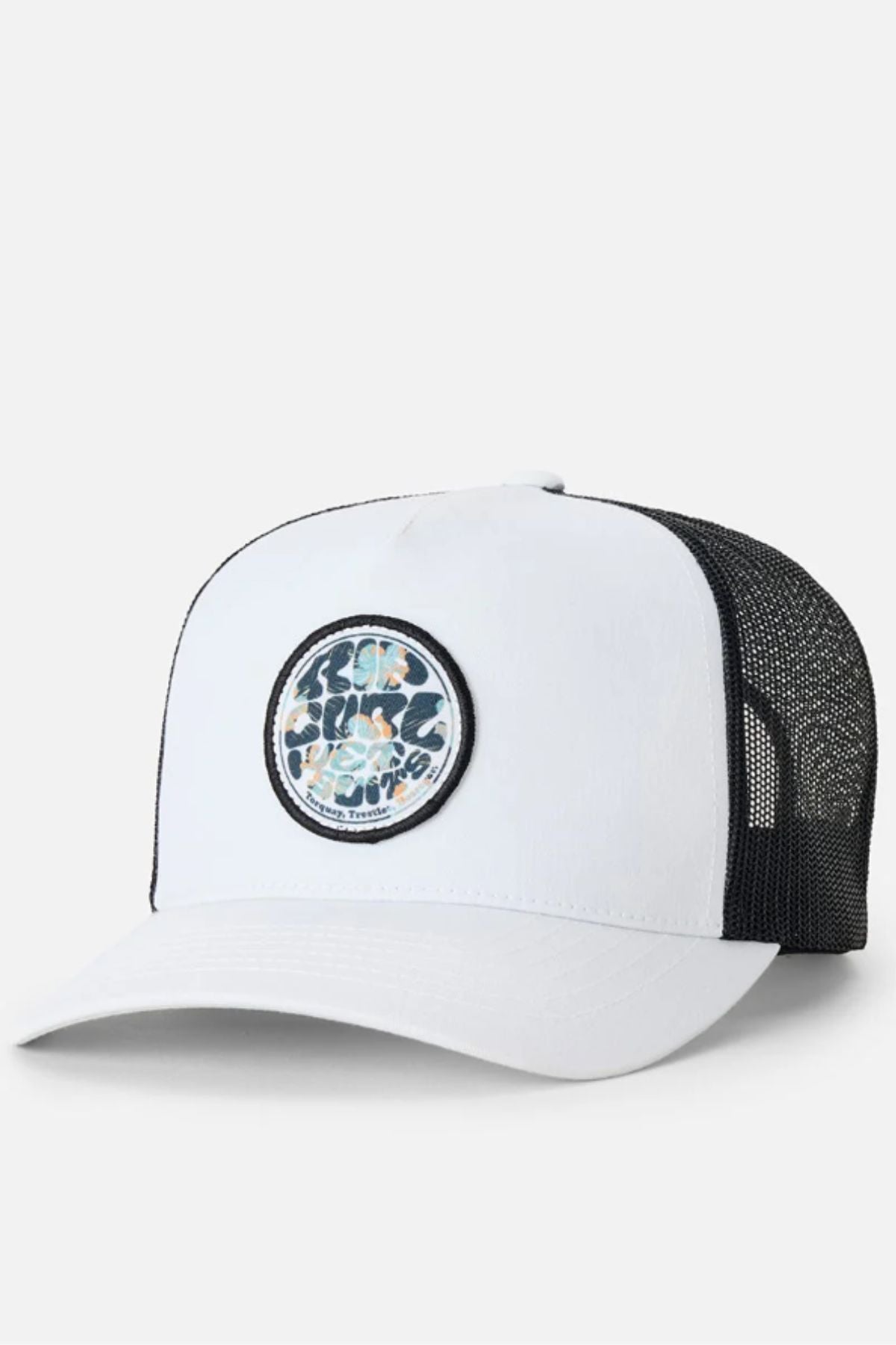 The Rip Curl Wetsuit Icon Trucker is a white cap with a black mesh back and a round, multicolored abstract patch on the front—perfect for outdoor activities.