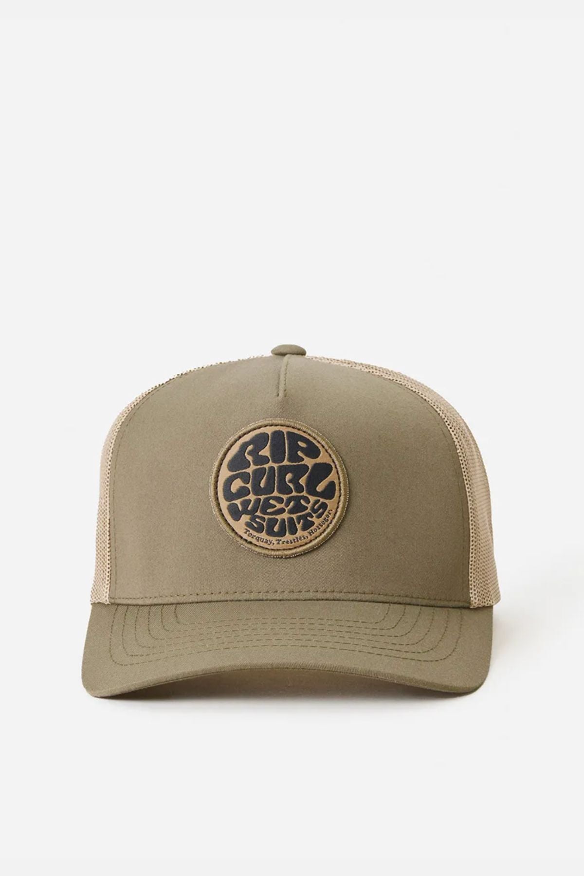 The Rip Curl Wetsuit Icon Trucker is a khaki mesh cap with a curved brim and mesh back for ventilation, featuring a black and tan circular patch on the front with the Wetters logo. Designed for outdoor activities.