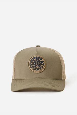 The Rip Curl Wetsuit Icon Trucker is a khaki mesh cap with a curved brim and mesh back for ventilation, featuring a black and tan circular patch on the front with the Wetters logo. Designed for outdoor activities.