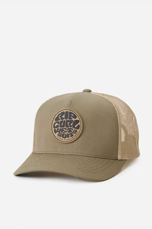 The Rip Curl Wetsuit Icon Trucker cap in olive green features a circular "Rip Curl Wetsuits" patch, curved brim, and mesh back panel—made with recycled polyester, perfect for outdoor adventures.