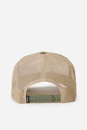 The Rip Curl Wetsuit Icon Trucker, shown from the rear, features a beige mesh back, green adjustable snapback closure, and a small black side tag—an ideal recycled polyester cap for outdoor activities.