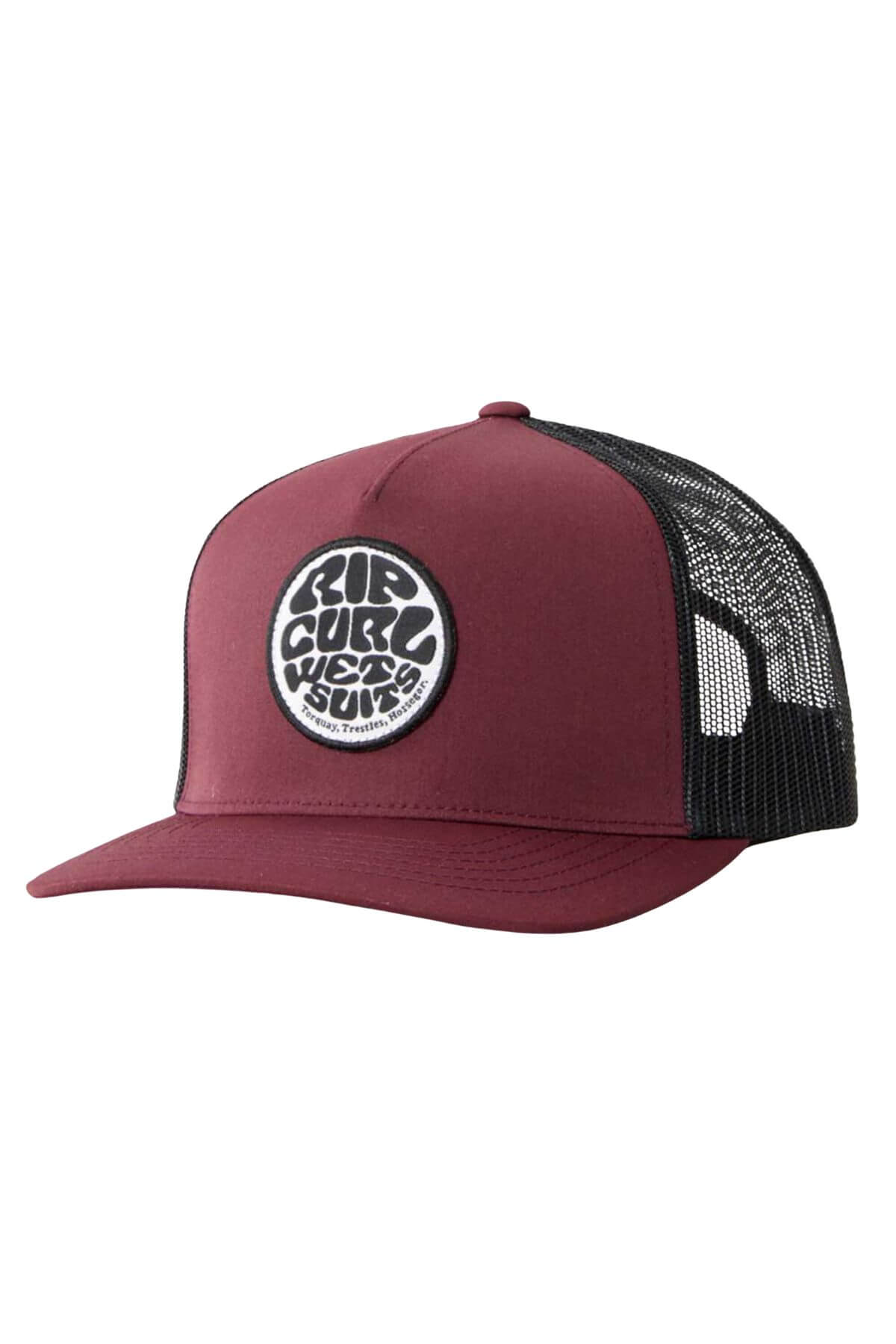 A maroon and black Rip Curl Wetsuit Icon Trucker hat, featuring a circular patch on the front with "RIP CURL NEXT SONS" and a mesh back. Perfect for outdoor activities, it has a flat brim, solid maroon front panel, and is made from recycled polyester twill.