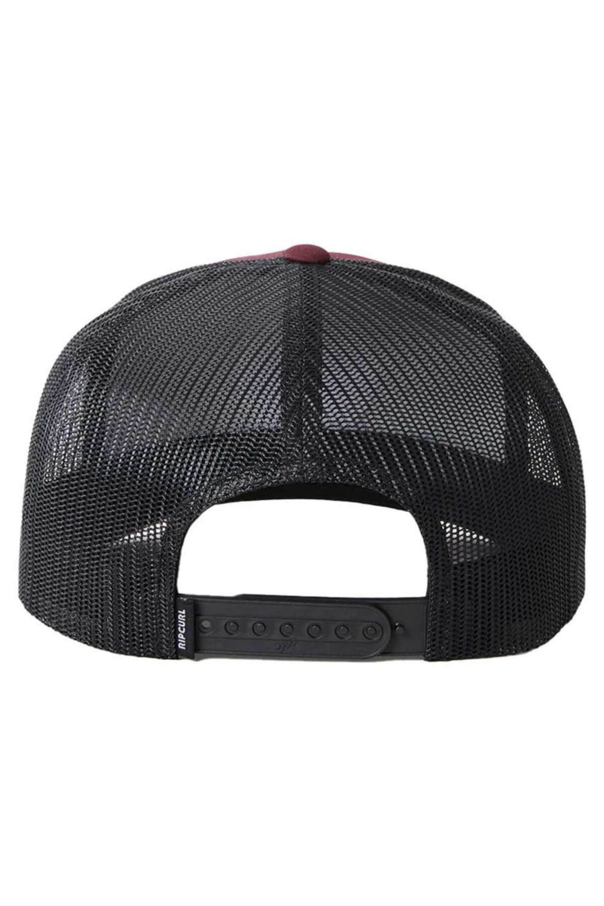 The image showcases the back view of the Rip Curl Wetsuit Icon Trucker hat. This black mesh trucker hat includes a curved brim and an adjustable strap with snap closures for easy size adjustments, making it ideal for any outdoor activity. The mesh material, crafted from recycled polyester twill, ensures excellent ventilation.