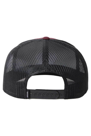 The image showcases the back view of the Rip Curl Wetsuit Icon Trucker hat. This black mesh trucker hat includes a curved brim and an adjustable strap with snap closures for easy size adjustments, making it ideal for any outdoor activity. The mesh material, crafted from recycled polyester twill, ensures excellent ventilation.