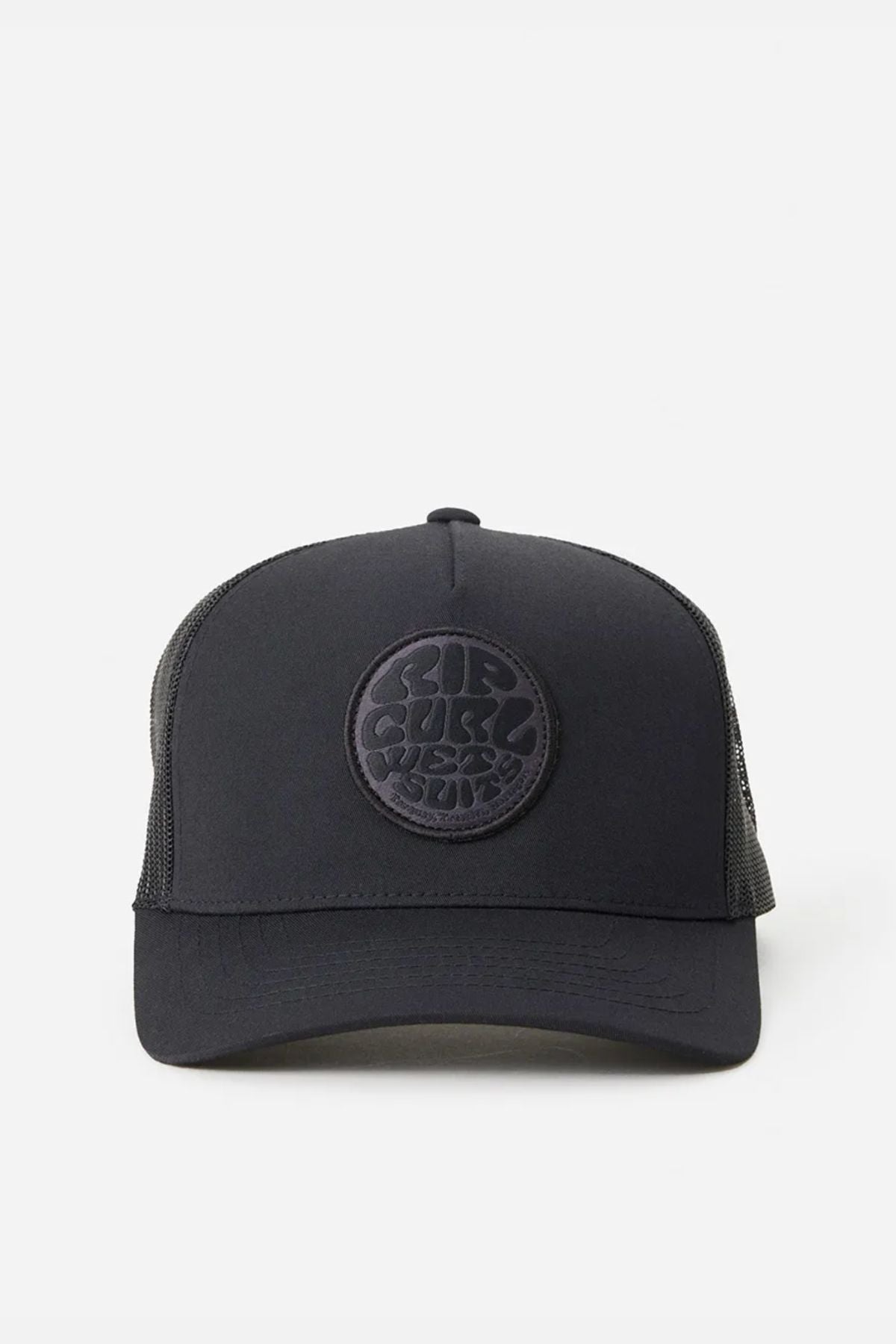 The Rip Curl Wetsuit Icon Trucker is a black cap made from recycled polyester, featuring a mesh back and circular embroidered logo on the front, shown against a plain white background.
