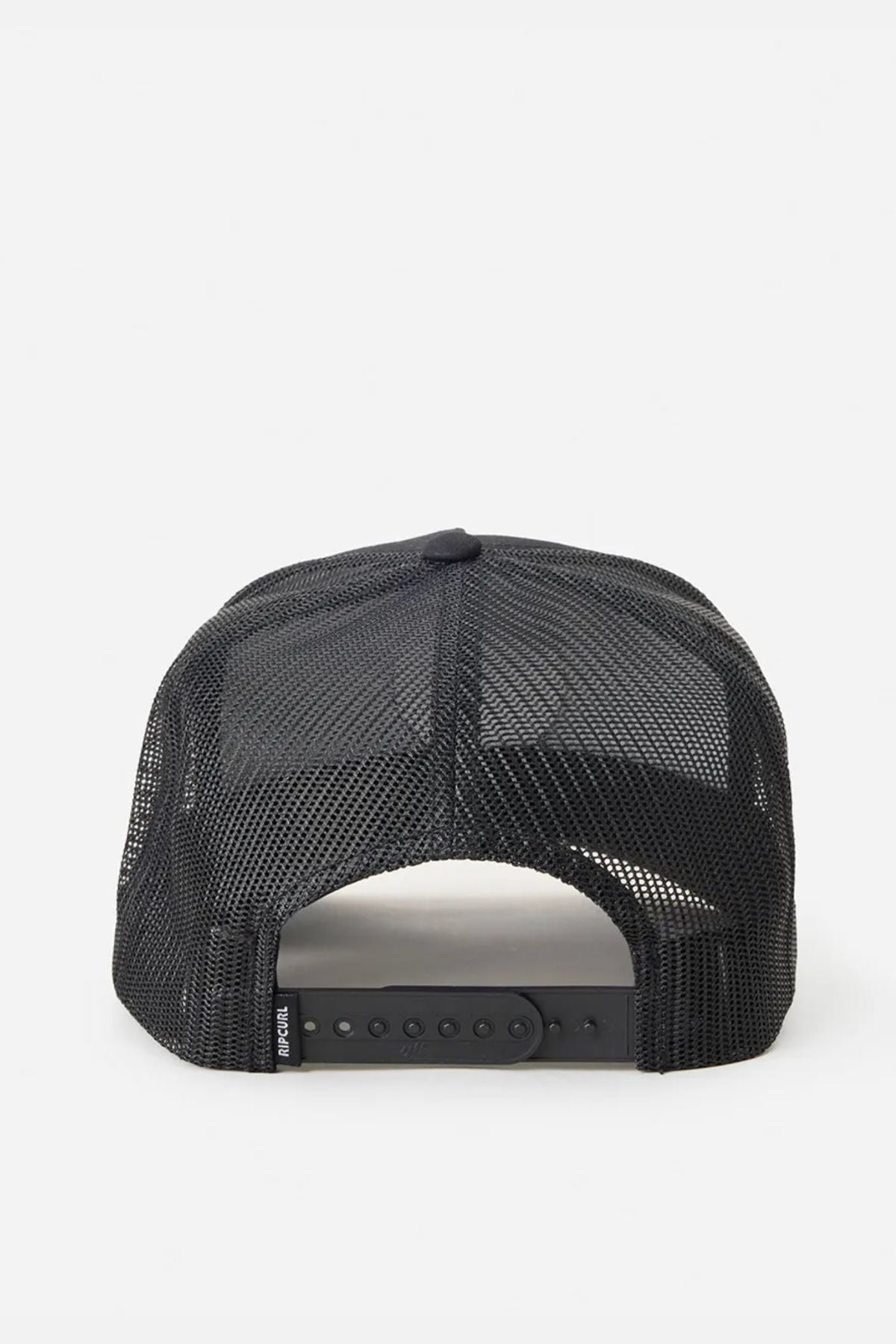 The Rip Curl Wetsuit Icon Trucker is a black mesh cap viewed from the back with an adjustable snapback closure, crafted from recycled polyester—perfect for outdoor activities.