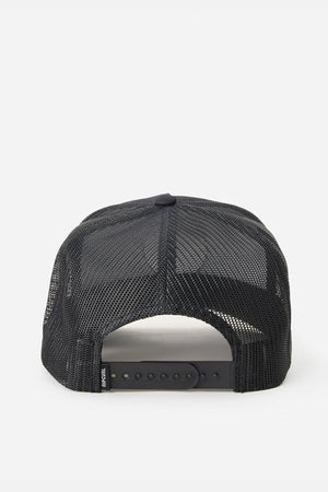 The Rip Curl Wetsuit Icon Trucker is a black mesh cap viewed from the back with an adjustable snapback closure, crafted from recycled polyester—perfect for outdoor activities.