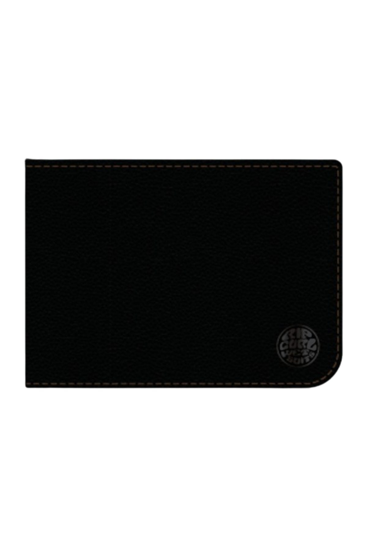 A sleek black Rip Curl Wetsuit Logo RFID All Day Wallet features subtle brown edge stitching, a small circular embossed logo at the bottom right, and a smooth, slightly pebbled leather texture for stylish everyday use.