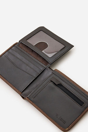 The Rip Curl Wetsuit Logo RFID All Day Wallet, featuring multiple card slots, a zippered coin pocket, and a transparent ID window, is shown open against a plain white background.