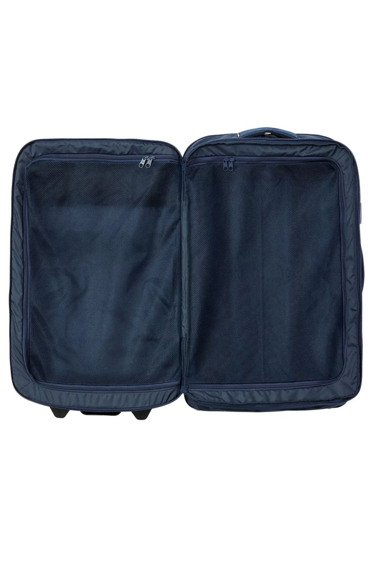 The Rip Curl F-Light Global 100L Sapphire Travel Bag, displayed against a plain white background, showcases two spacious compartments perfect for organizing essentials. Its inner mesh pockets and zippers are visible, while its rounded edges and durable wheels make it the ideal travel companion.