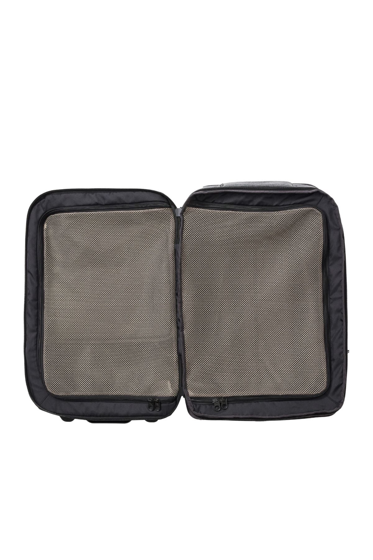 The Rip Curl F-Light Global 100L Classic Surf Travel Bag is showcased open against a plain, white background. Crafted from recycled polyester, the bag features a gray mesh interior. Visible zippers hint at multiple compartments for organization, and compression straps are included to secure your belongings during your travels.