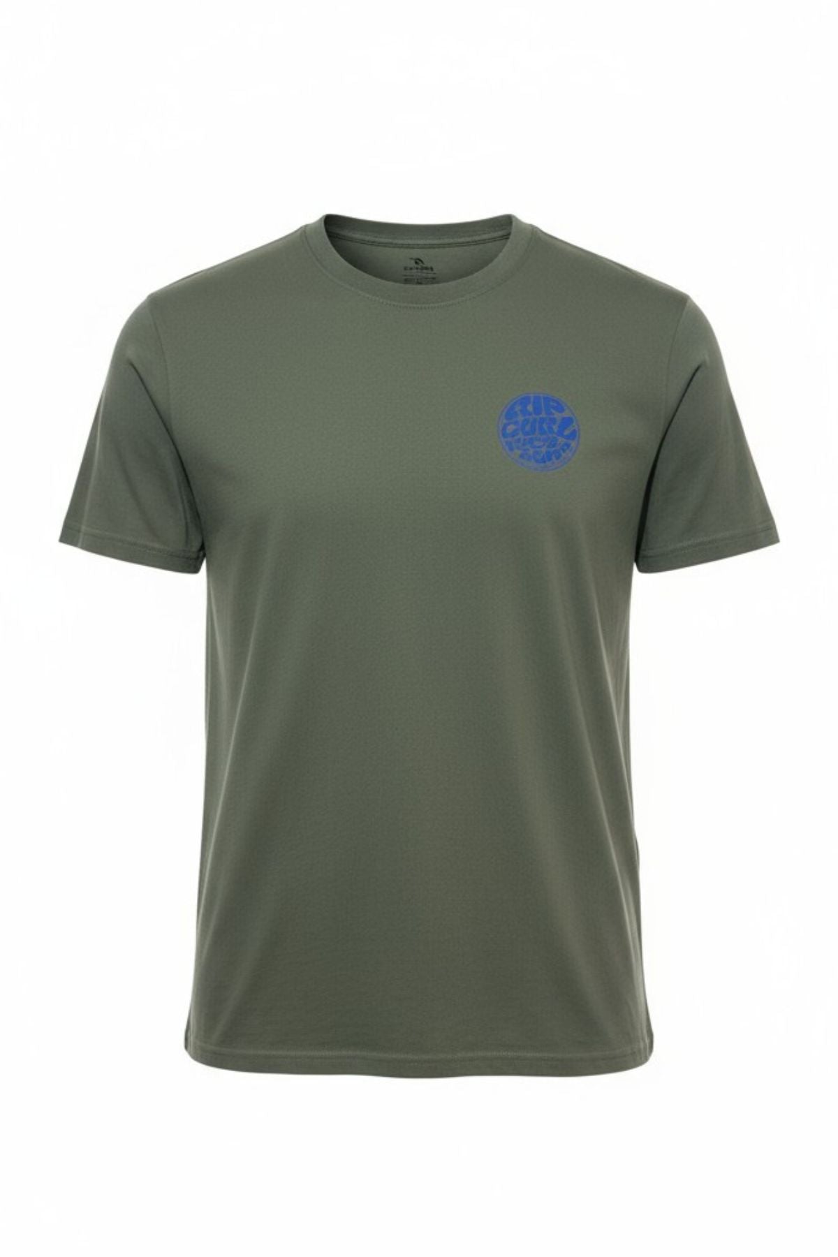The Rip Curl Wettie Icon Tee is a plain olive green short-sleeve T-shirt, made from 100% cotton, featuring a small circular blue graphic logo on the left chest. Displayed against a white background.