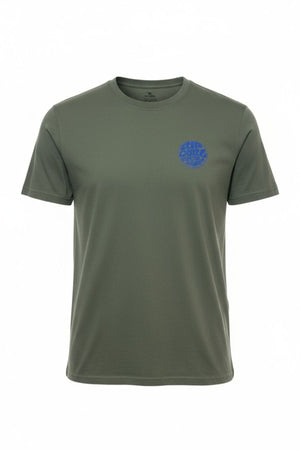 The Rip Curl Wettie Icon Tee is a plain olive green short-sleeve T-shirt, made from 100% cotton, featuring a small circular blue graphic logo on the left chest. Displayed against a white background.