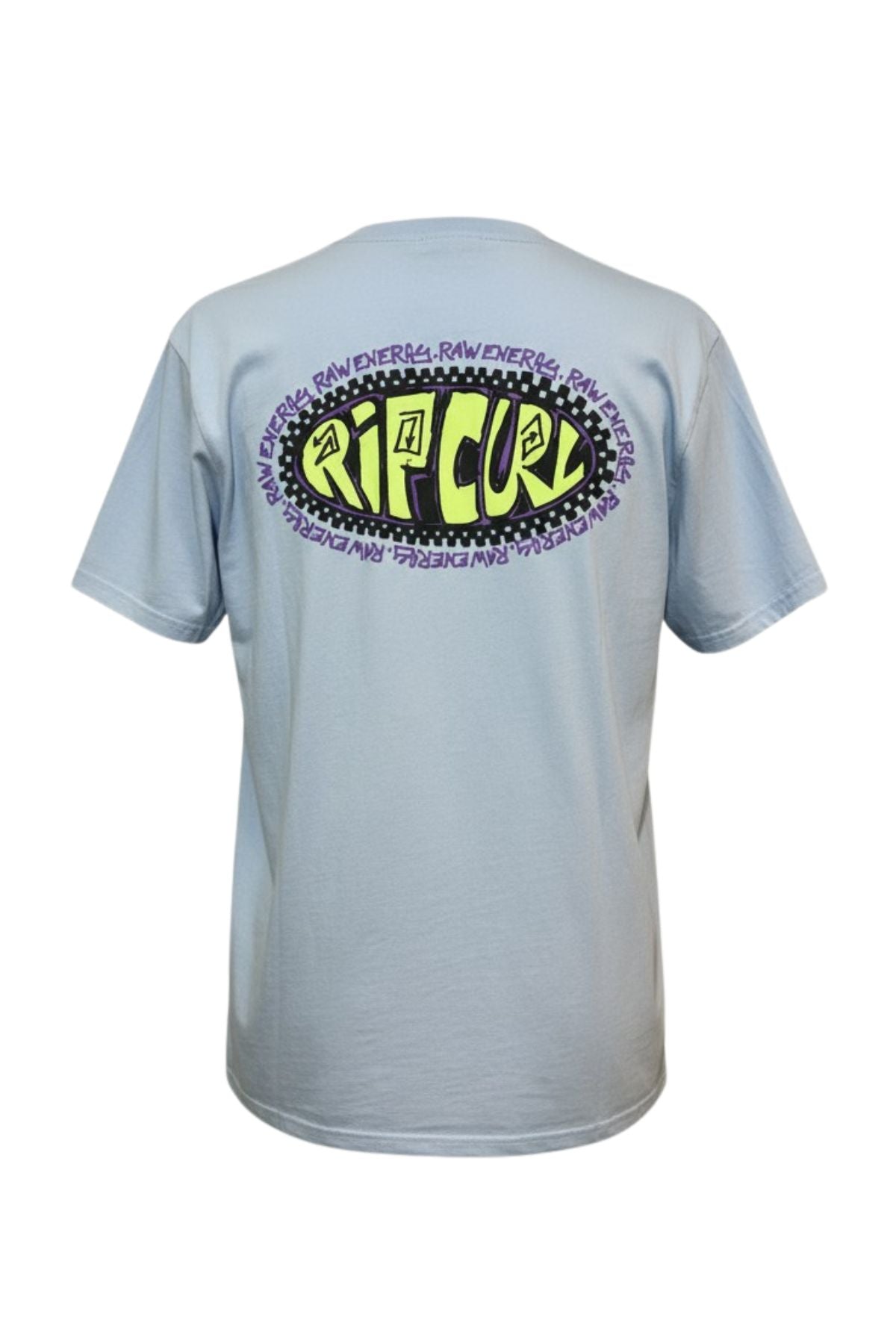 The Rip Curl Raw Energy De Oval Tee is a light blue short-sleeve shirt made from 100% cotton, featuring a large colorful "RIP CURL" logo on the back and "RAW ENERGY" in purple text forming an oval shape. Bold style that stands out.