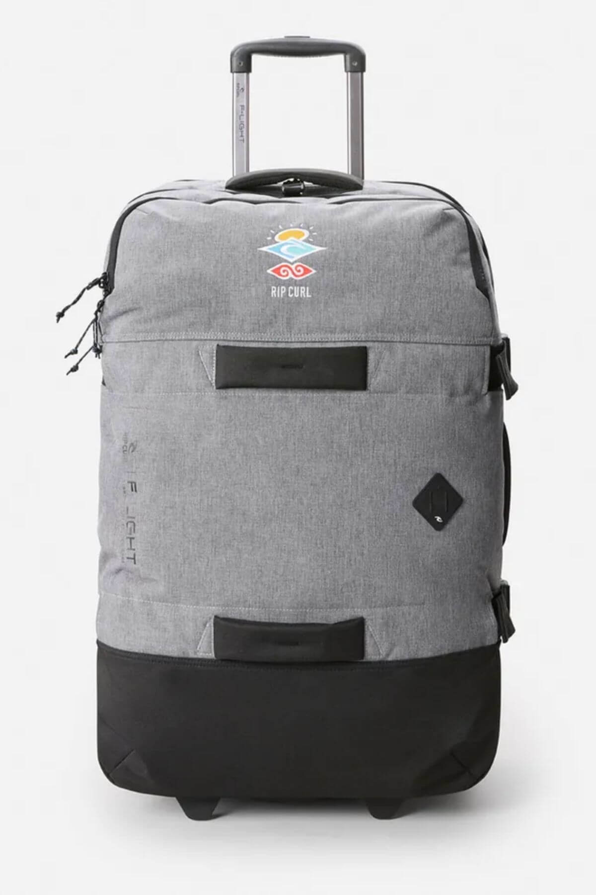 The Rip Curl F-Light Global 110L Icons Travel Bag, in gray and black with a telescopic handle, front zip pocket, top logo, and reinforced corners, stands upright on a plain white background.