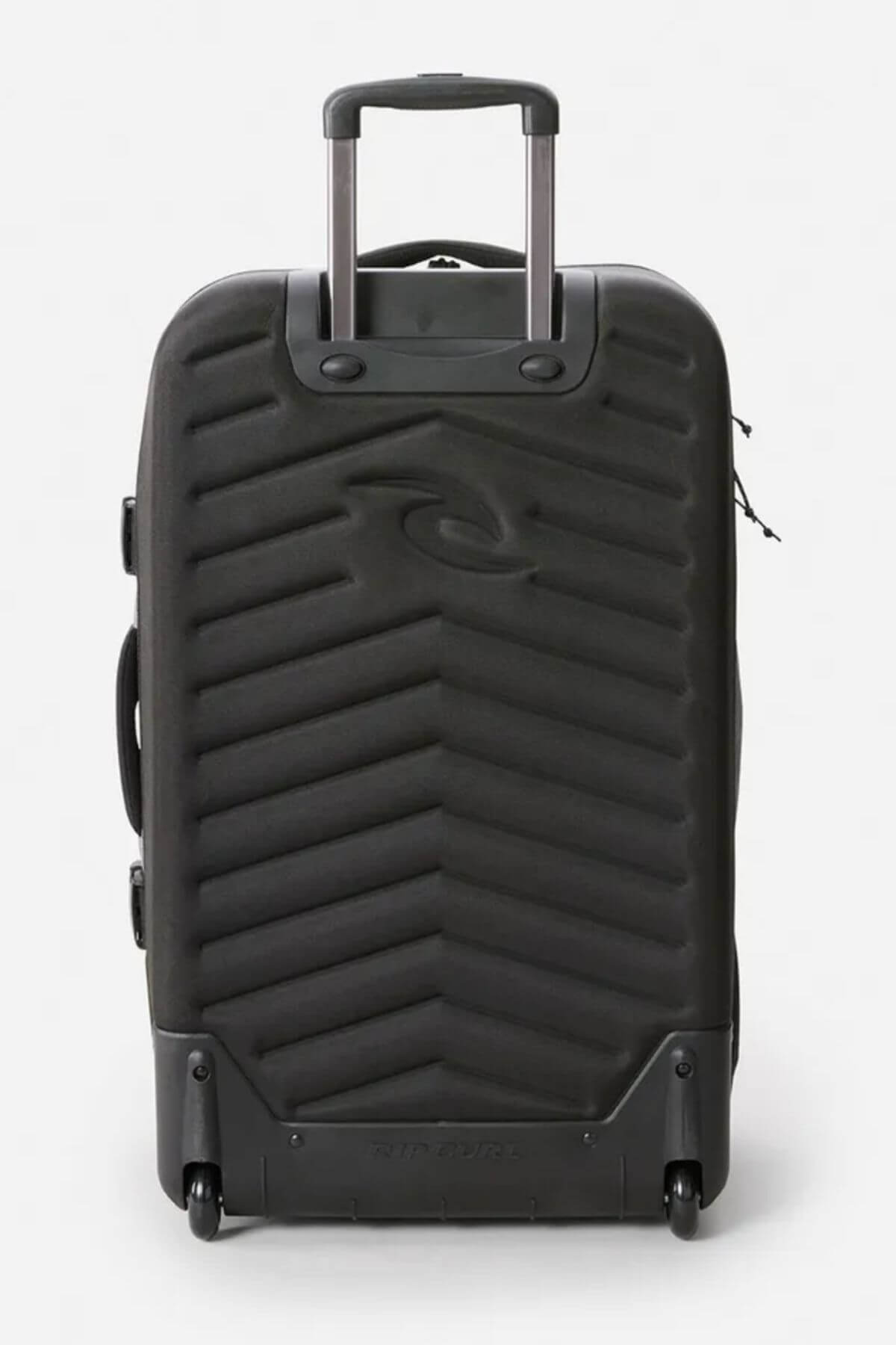 The Rip Curl F-Light Global 110L Icons Travel Bag, a black hard-shell suitcase with a chevron pattern, telescopic handle, and four wheels, is shown upright against a plain white background.