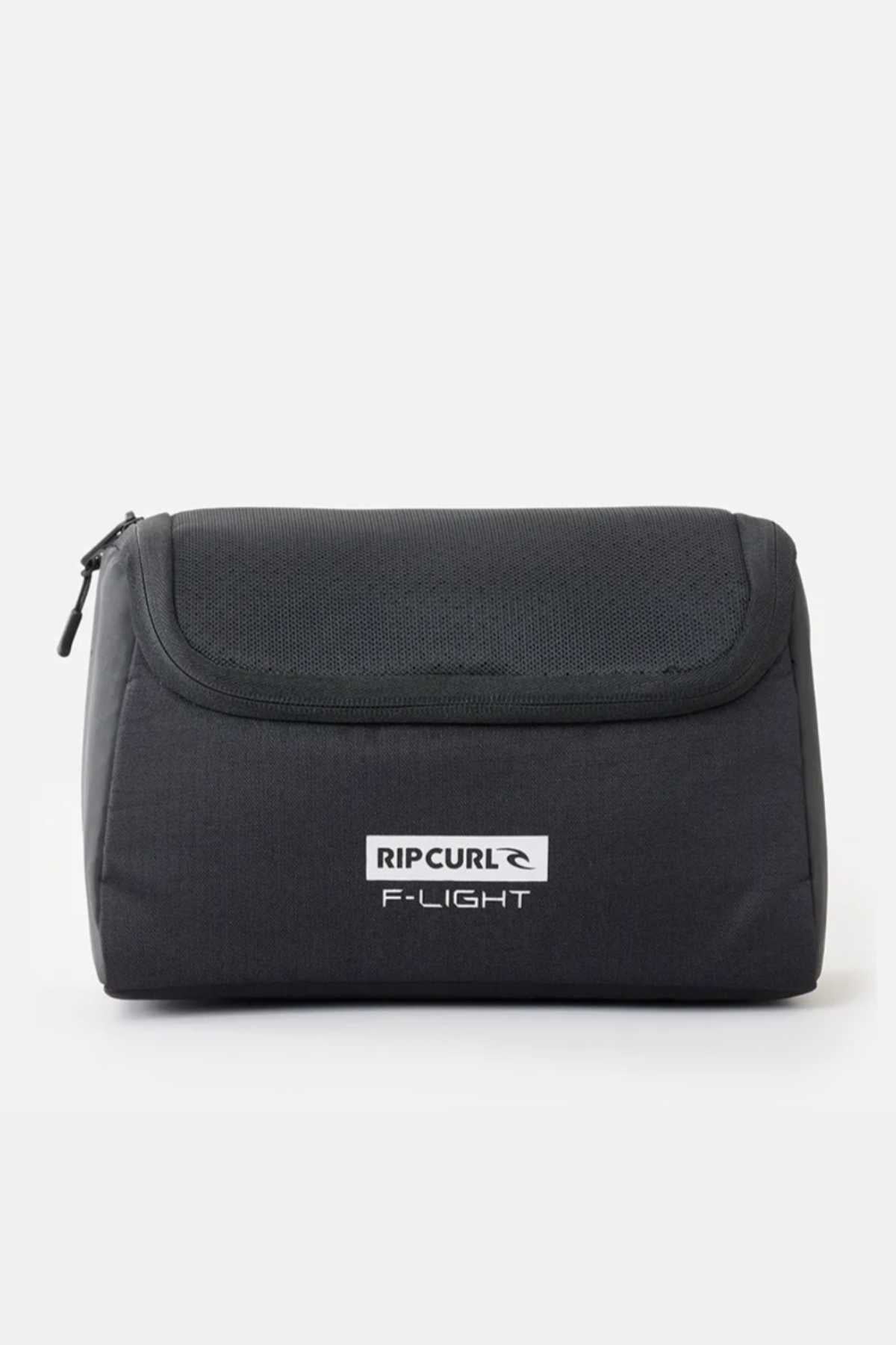 The Rip Curl F-Light Toiletry in black is a rectangular bag with a top zipper, multiple compartments, and a ventilated mesh section. It features a front logo design against a plain white background.