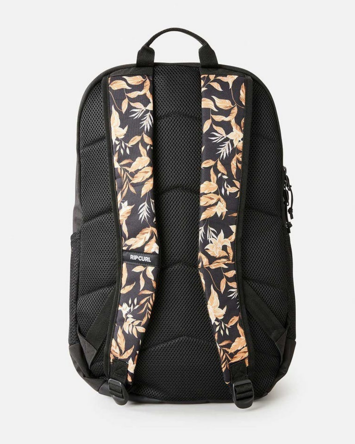 The Rip Curl Chaser 33L Backpack in black is made from recycled polyester, features padded mesh back, two shoulder straps with a tan, white, and black tropical leaf pattern, and fits a 15-inch laptop.