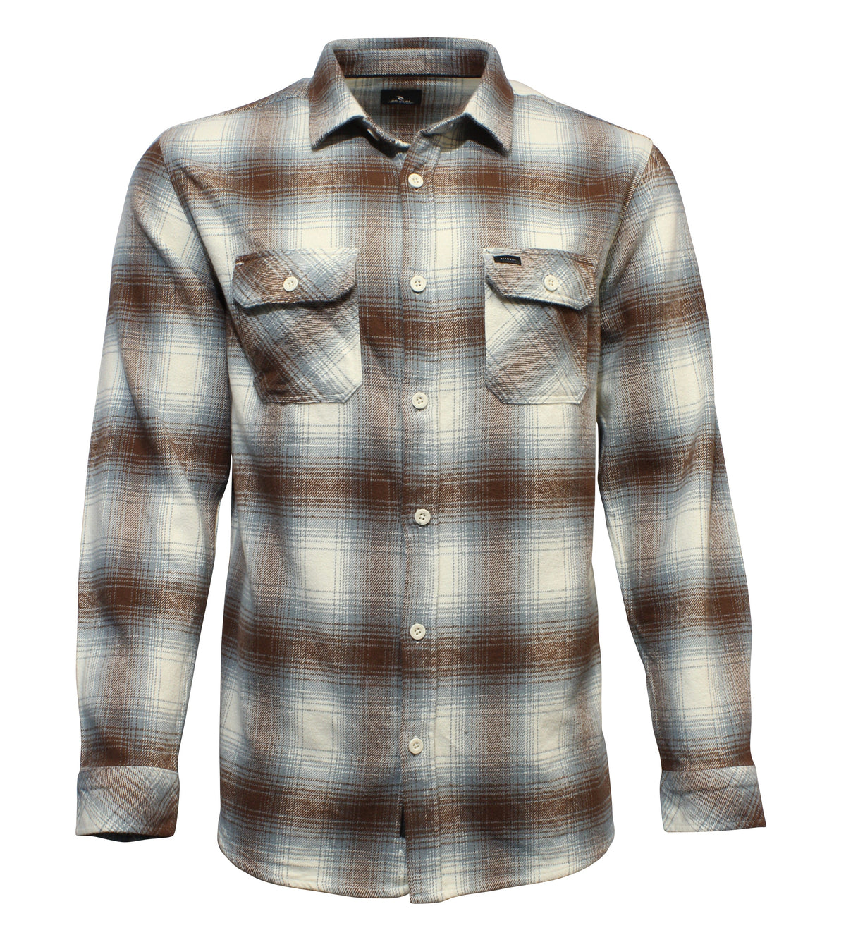 The Rip Curl Count Flannel Shirt is a long-sleeve, brushed cotton shirt with a blue, brown, and white plaid pattern and two button-flap chest pockets.