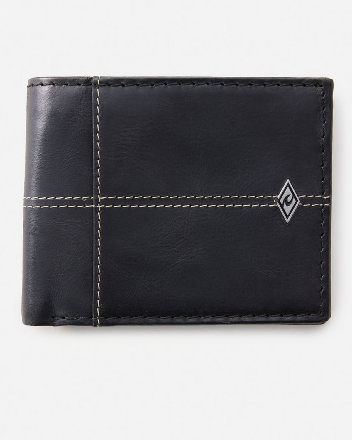 The Rip Curl Crossroads RFID 2 In 1 is a sleek black leather wallet featuring white stitched cross patterns, RFID protection, a geometric logo on the bottom right, and multiple card slots for organization. Its modern elegance and security stand out against a plain white background.