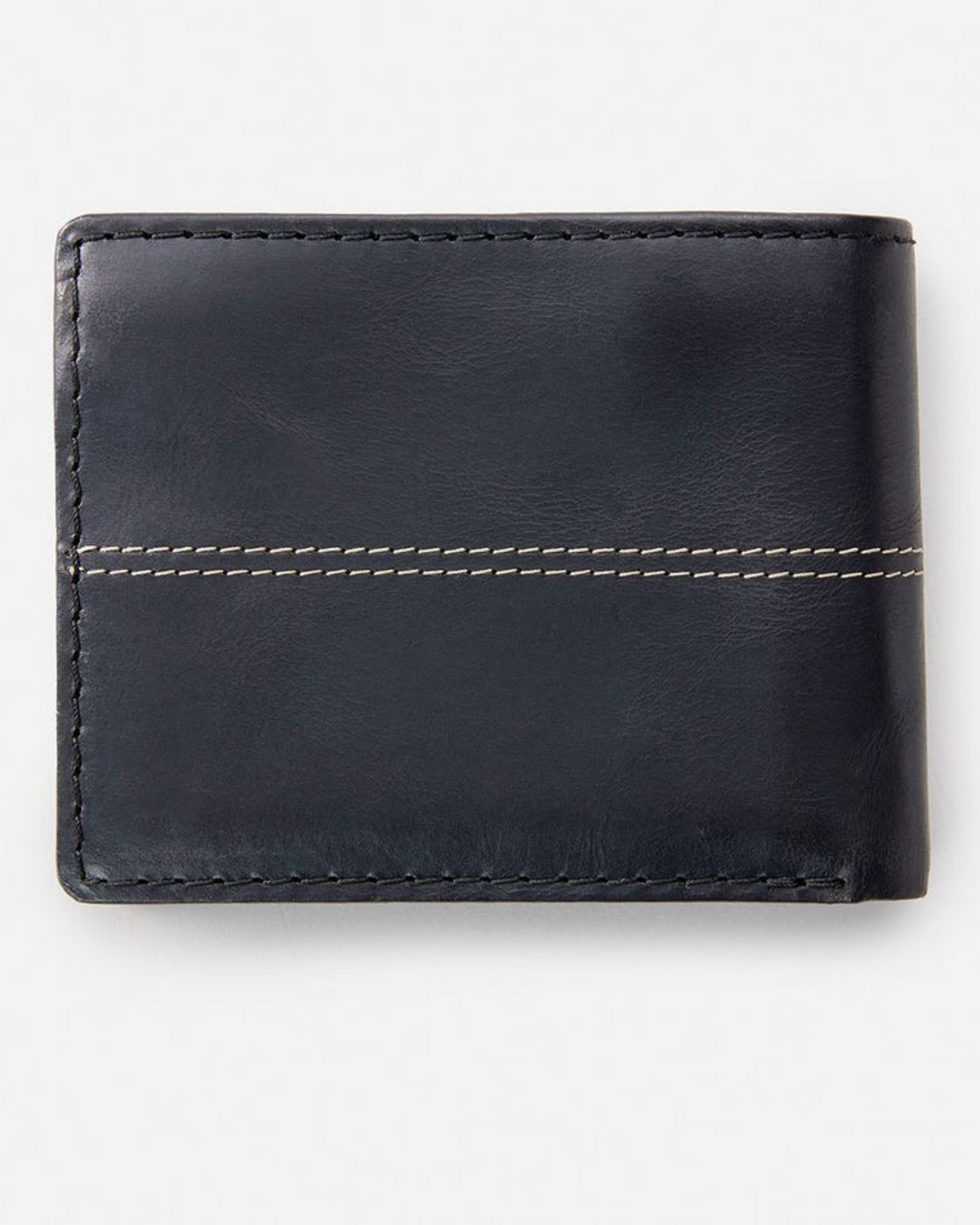 The Rip Curl Crossroads RFID 2 In 1 is a closed, dark leather wallet offering RFID protection. With a simple design, it includes card slots and features visible horizontal stitching across its center, all set against a plain white background.