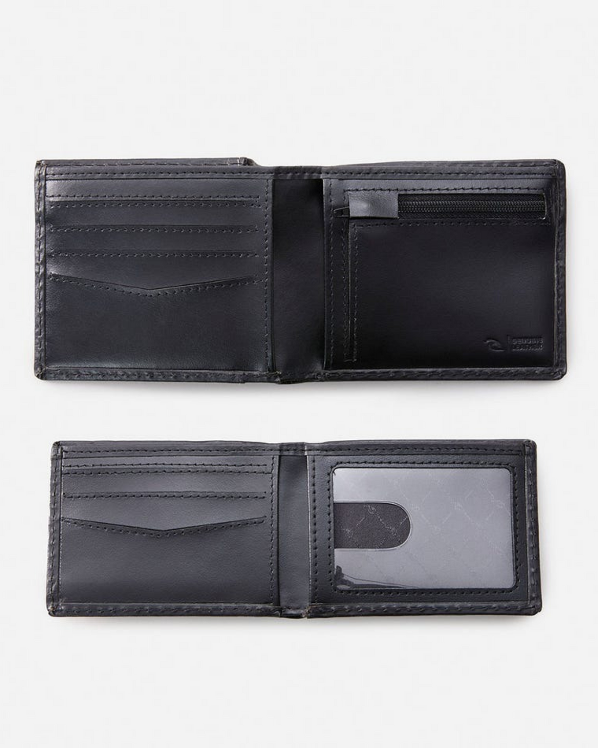 The Rip Curl Crossroads RFID 2 In 1 is displayed open, revealing its black leather design with multiple card slots, a zippered coin pouch, transparent ID window, and detailed stitching.