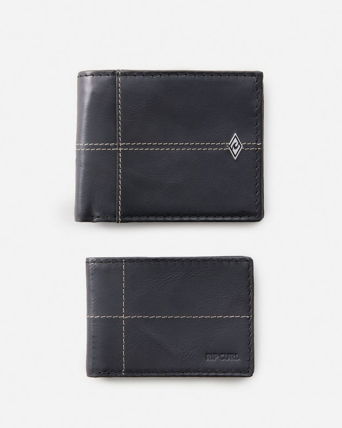 The Rip Curl Crossroads RFID 2 In 1 is a black leather wallet with card slots and a matching cardholder, each featuring white grid-pattern stitching and a small metallic logo. Both items have RFID protection and are elegantly presented against a plain white background.