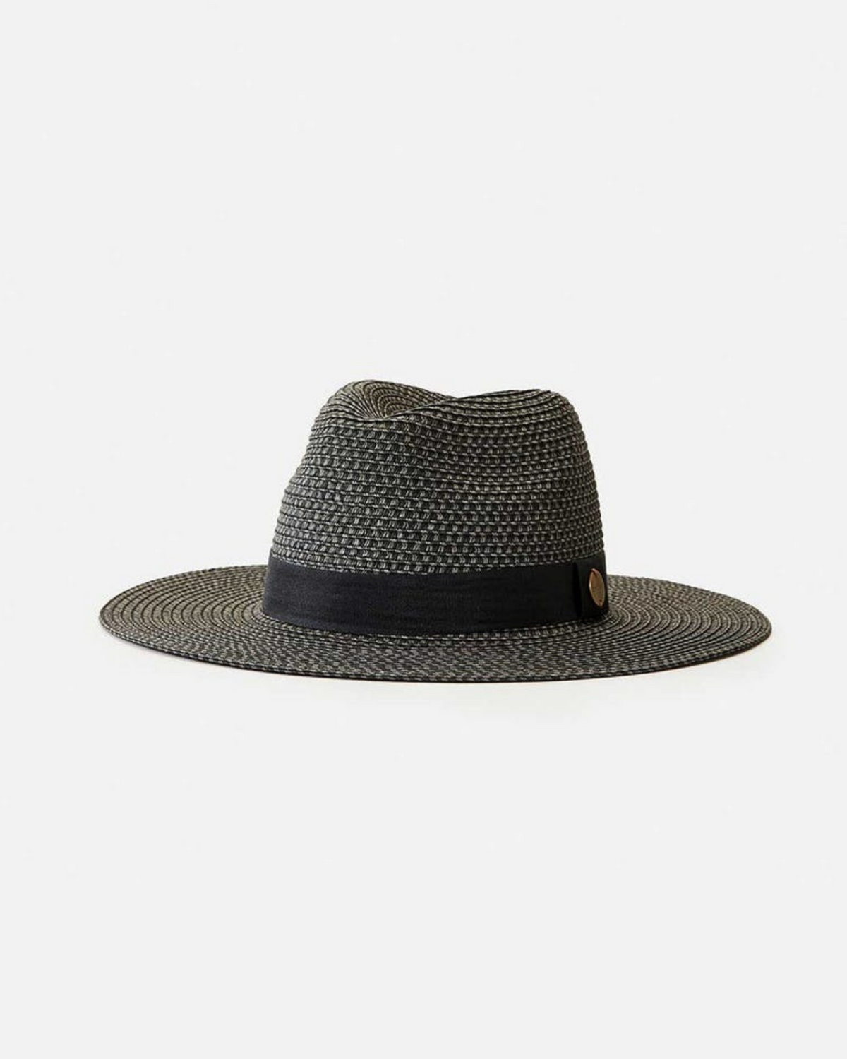 The Rip Curl Dakota Panama is a gray woven fedora hat made of durable paper yarn fabric, featuring a wide brim and black band above the brim. Ideal for outdoor adventures, it's shown against a plain white background.