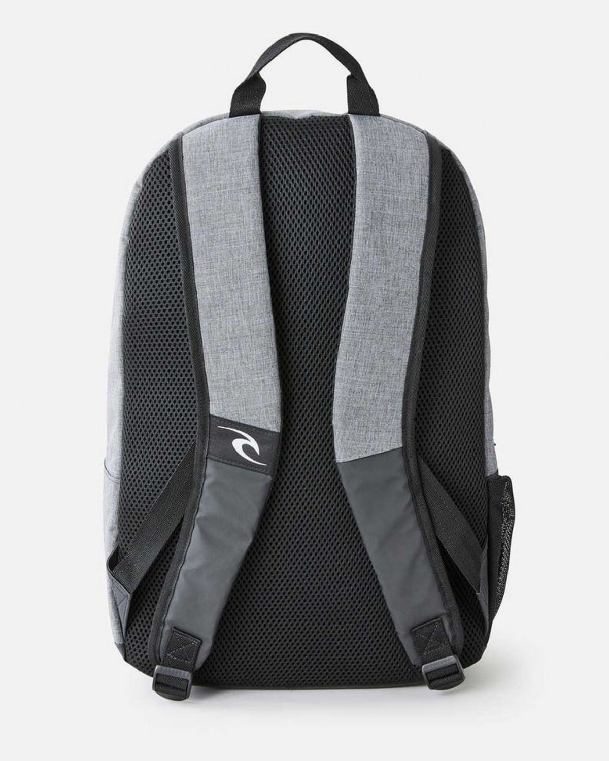 The Rip Curl Evo 24L Icons Of Surf Backpack in gray and black, made from recycled polyester, features padded mesh shoulder straps, a top handle, a small logo on one strap, and a dedicated laptop section for convenience.