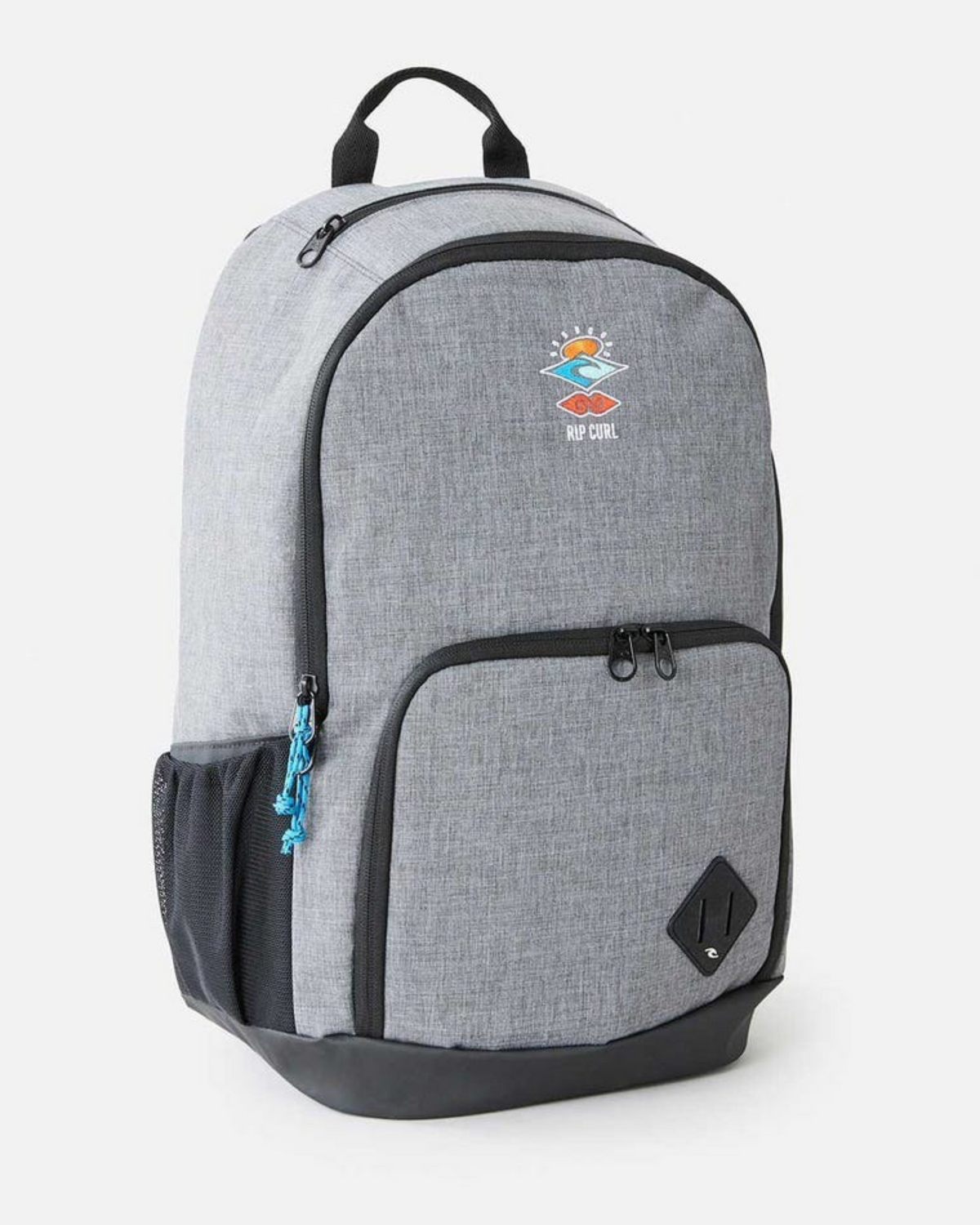 The Rip Curl Evo 24L Icons Of Surf Backpack is a grey recycled polyester bag with black accents, a front zipper pocket, mesh side pocket, insulated cooler pocket, and a colorful sun-and-wave Rip Curl logo on the front.