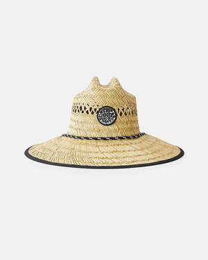 The Rip Curl Logo Straw Hat features a woven texture with a wide brim, adorned by a black logo patch and decorative band around the crown. Its brim edge is elegantly lined with black trim, making it a chic accessory for sunny days.