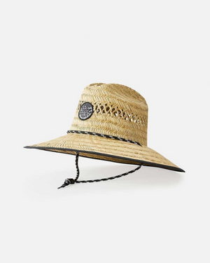 The Rip Curl Logo Straw Hat features a wide brim and ventilation holes for comfort, enhanced by a black emblem and braided chin strap, all on a pristine white backdrop.