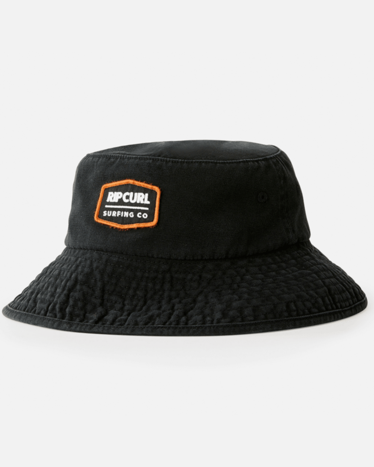 The Rip Curl Marker Mid Brim Hat is a black cotton canvas hat with a textured brim and an orange-and-white rectangular Rip Curl Surfing Co. patch on the front.