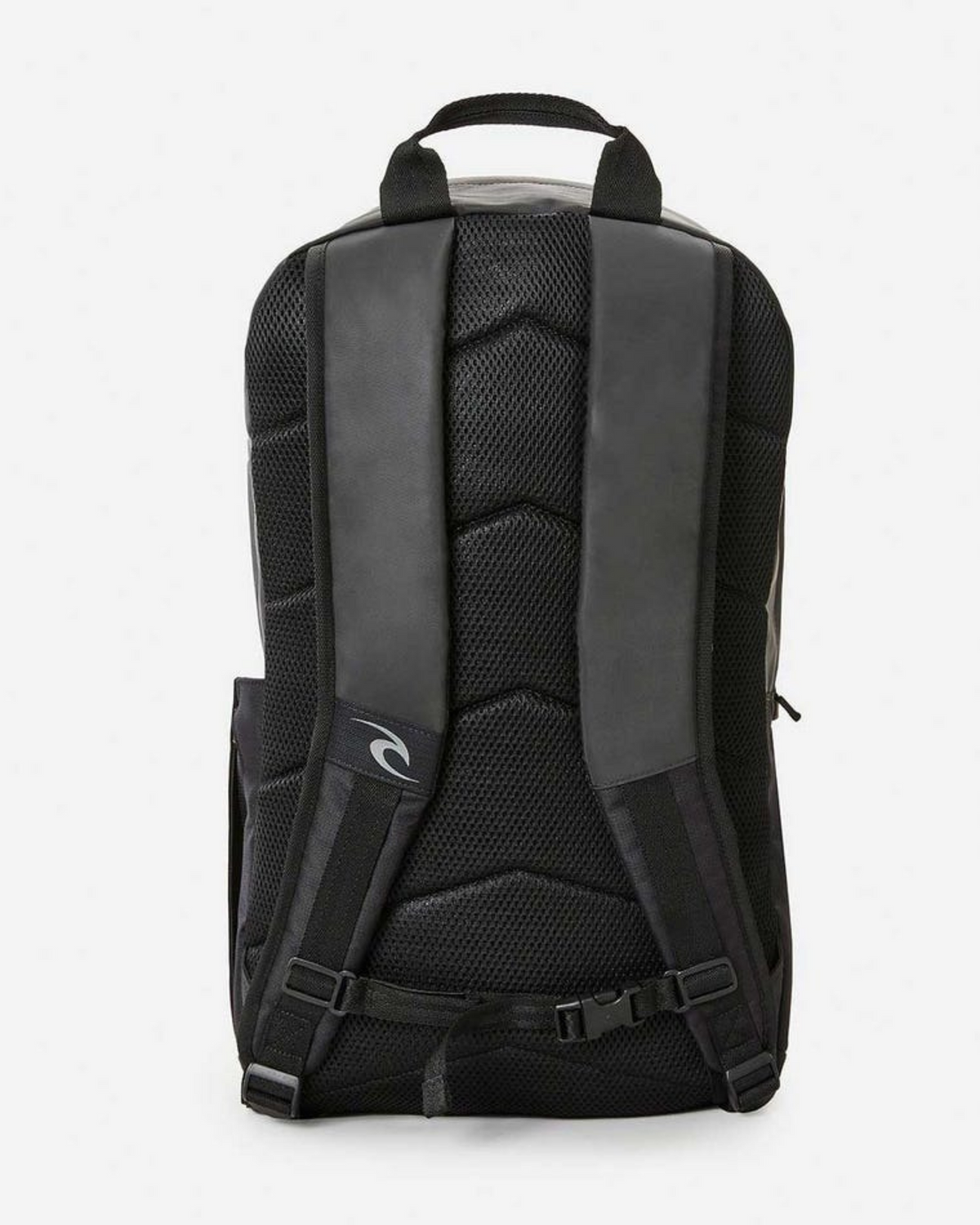 The Rip Curl Overtime 30L Backpack, in black, showcases cushioned shoulder straps and a padded back panel made from recycled polyester. A small logo decorates the lower section, while the sleek, modern design is ideal for carrying essentials comfortably.