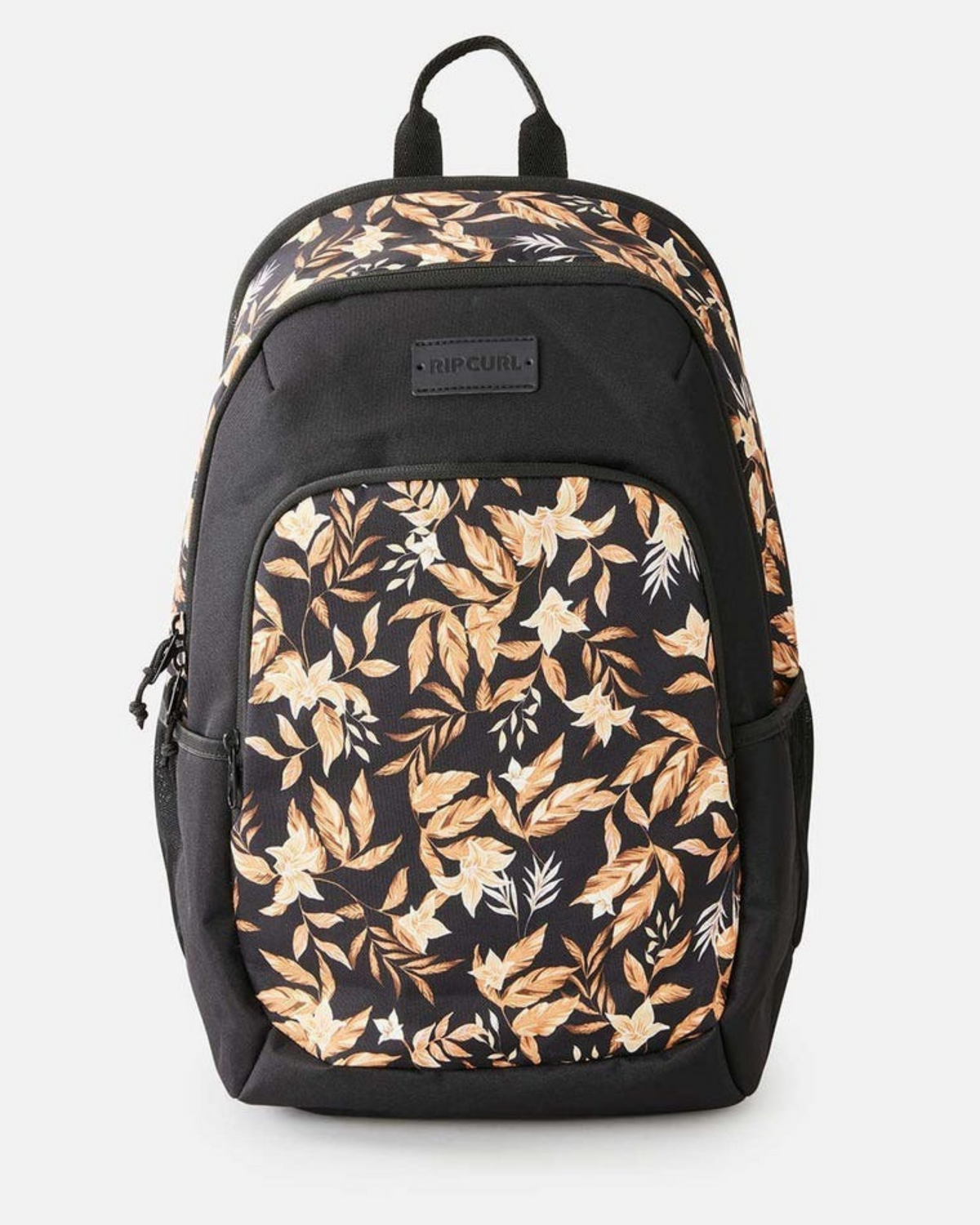 The Rip Curl Ozone 2.0 30L Backpack is made from recycled polyester and has a front pocket, top panel with a beige and light brown floral leaf design, plus a front "Rip Curl" logo label.
