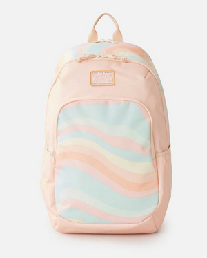 The Rip Curl Ozone 2.0 30L Backpack features a wavy stripe pattern in pastel blue, peach, and cream on the front pocket and top. Made from 100% recycled polyester, it includes a laptop section, top handle, and adjustable shoulder straps for convenience.