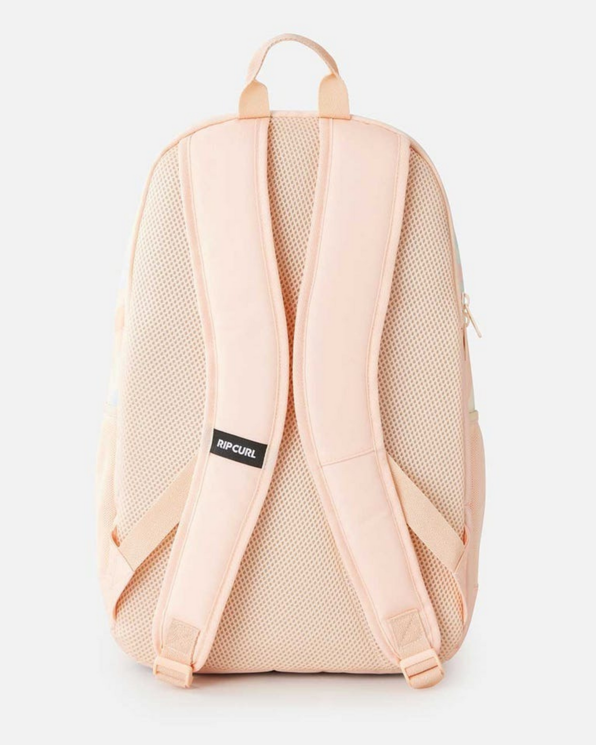 Back view of the Rip Curl Ozone 2.0 30L backpack in pastel pink, featuring adjustable padded straps, a breathable mesh back panel, and a small black logo tag. Made from 100% recycled polyester, it includes a top handle and an interior laptop section for convenience.