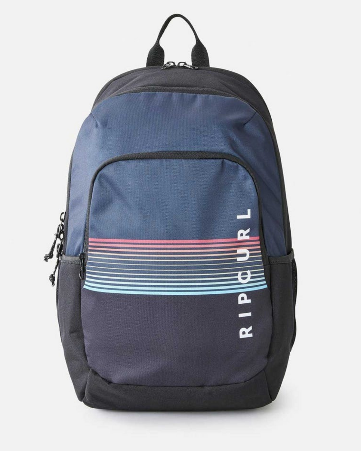 The Rip Curl Ozone 30L School Backpack is a stylish blue and black bag with a front pocket featuring red and blue horizontal stripes and "RIP CURL" vertically on the right. Made from recycled polyester, it has a top handle and two zippers for easy access.