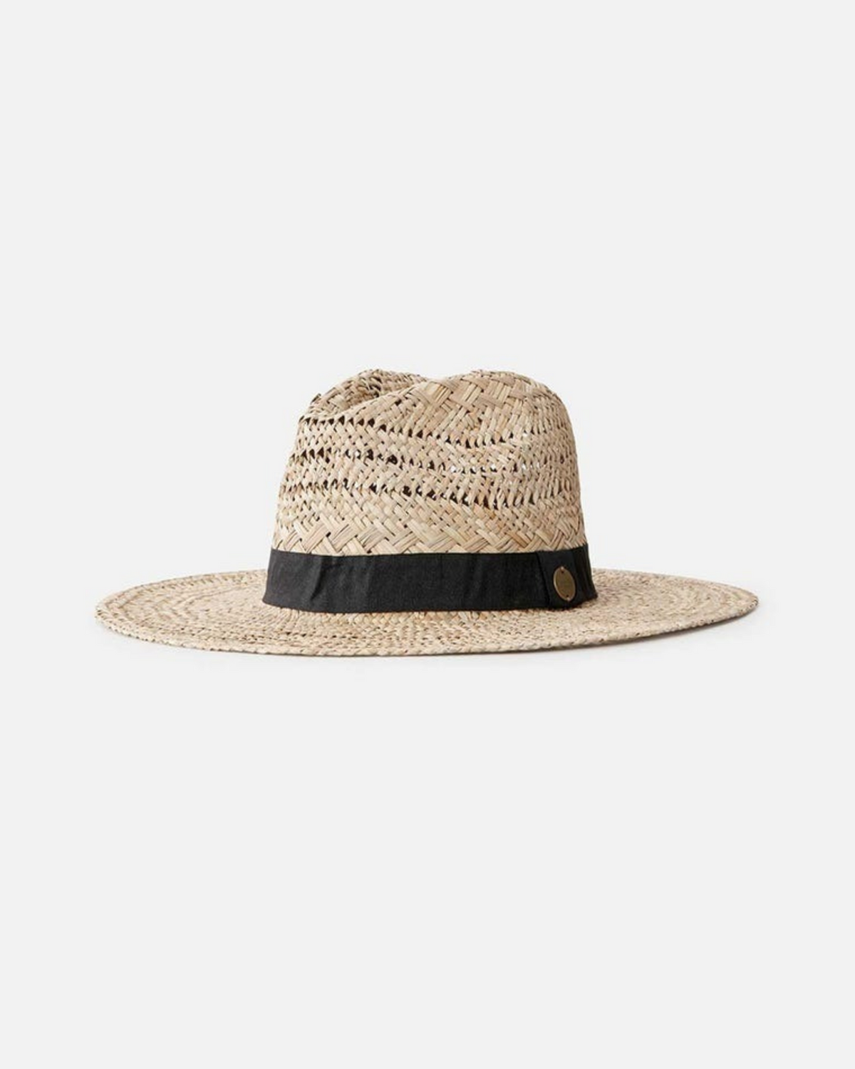 The Rip Curl Salty Straw Panama is a beige hat with a wide brim, black band, and textured woven patterns for excellent sun protection. It features a small round button on the band against a white background.