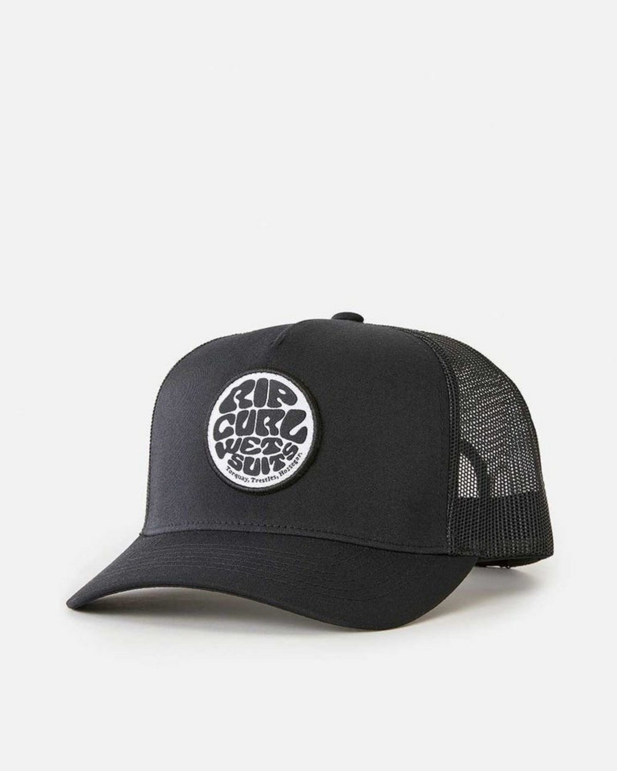 The Rip Curl Wetsuit Icon Trucker is a black mesh cap with a curved brim and a round patch that displays "RIP CURL WEST SIDE" in stylized white text—perfect for any outdoor activity.