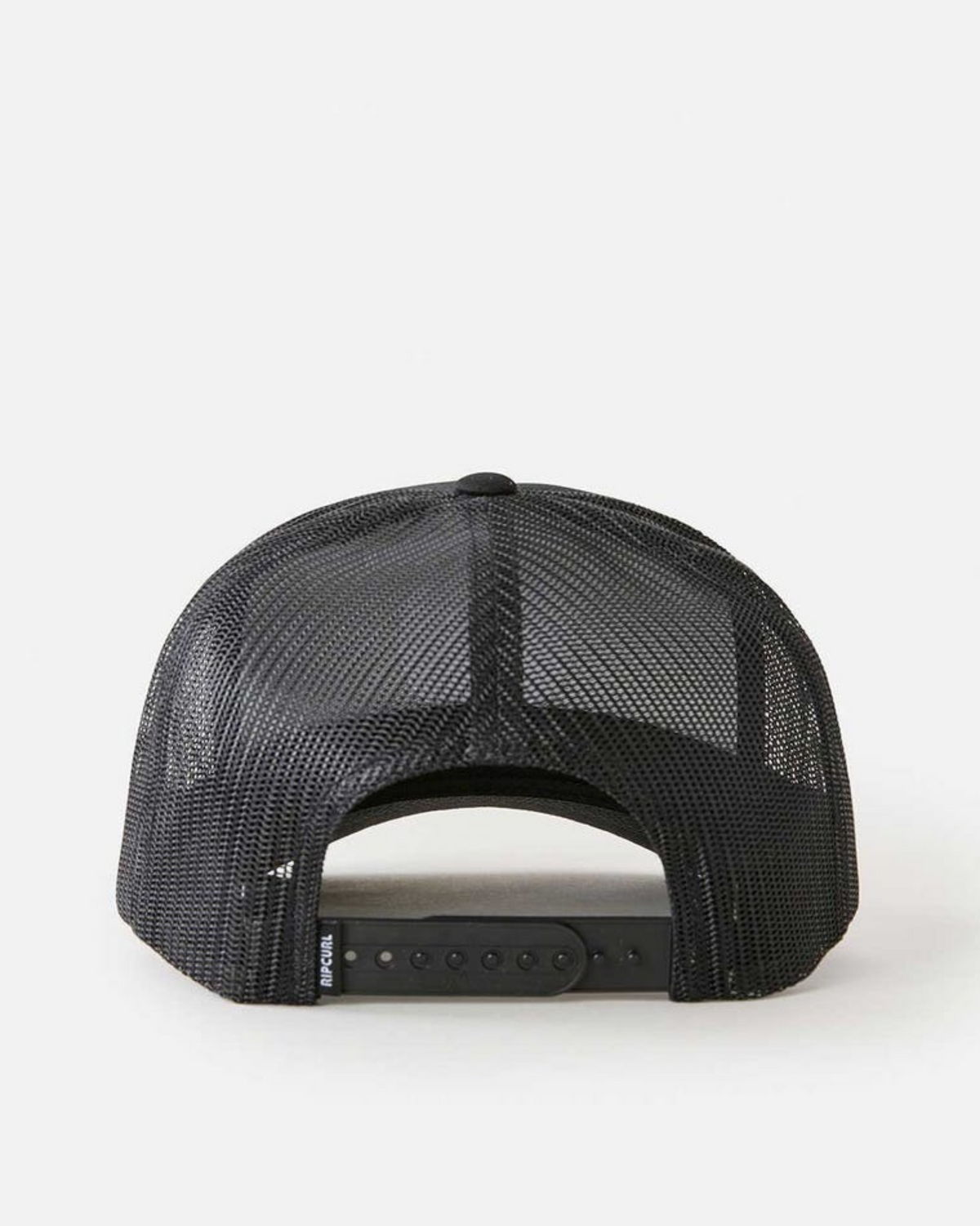 The Rip Curl Wetsuit Icon Trucker cap in black mesh is shown from the back, featuring an adjustable snapback closure and curved brim, set against a plain white background—ideal for outdoor activities.