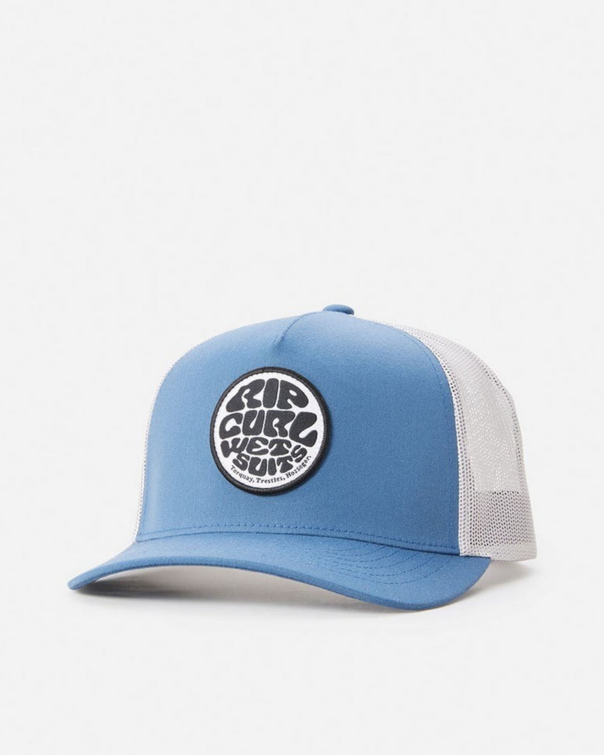 The Rip Curl Wetsuit Icon Trucker is a blue and white mesh hat with a curved brim, circular Wetsuit Icon patch, and bold front text. Ideal for outdoor activities, it's shown against a plain white background.