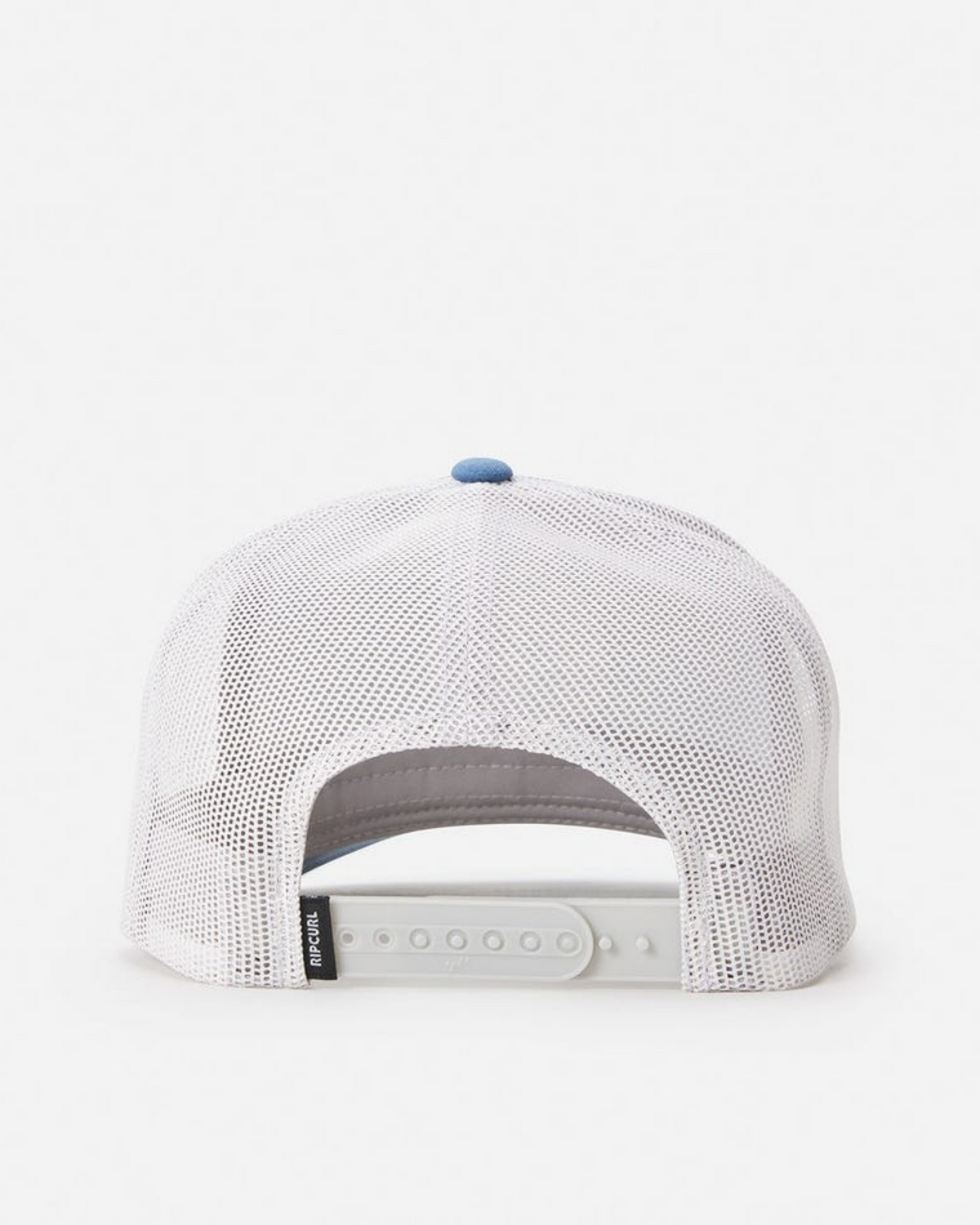 The Rip Curl Wetsuit Icon Trucker is a white mesh trucker cap seen from the back, featuring an adjustable plastic strap and a small black Rip Curl Wetsuit Icon tag on the left side—ideal for outdoor activities.