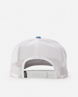 The Rip Curl Wetsuit Icon Trucker is a white mesh trucker cap seen from the back, featuring an adjustable plastic strap and a small black Rip Curl Wetsuit Icon tag on the left side—ideal for outdoor activities.