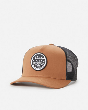 The Rip Curl Wetsuit Icon Trucker cap showcases a brown and black design with a white circular patch and black wavy text. Made from recycled polyester twill, it features a black mesh back and flat brim for both style and sustainability.