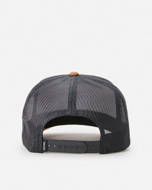 The Rip Curl Wetsuit Icon Trucker is a black mesh trucker cap made from recycled polyester twill, with an adjustable snapback closure and a small brown button on top.