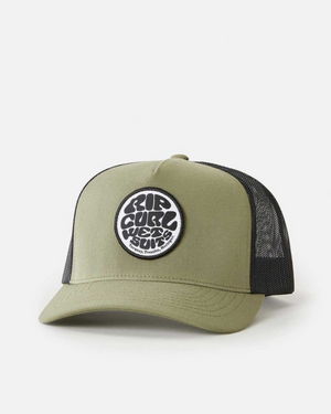 The Rip Curl Wetsuit Icon Trucker is a green and black cap featuring a "Rip Curl Wetsuits" patch on the front in white text over black, made from recycled polyester. It has a mesh back, curved brim, and is displayed on a white background.