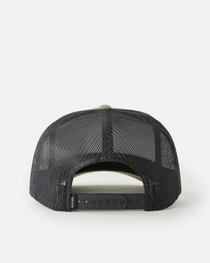 Back view of the Rip Curl Wetsuit Icon Trucker, a black mesh trucker cap with a snapback closure. Made from recycled polyester, it offers ventilation and an adjustable fit. Set against a plain white background.