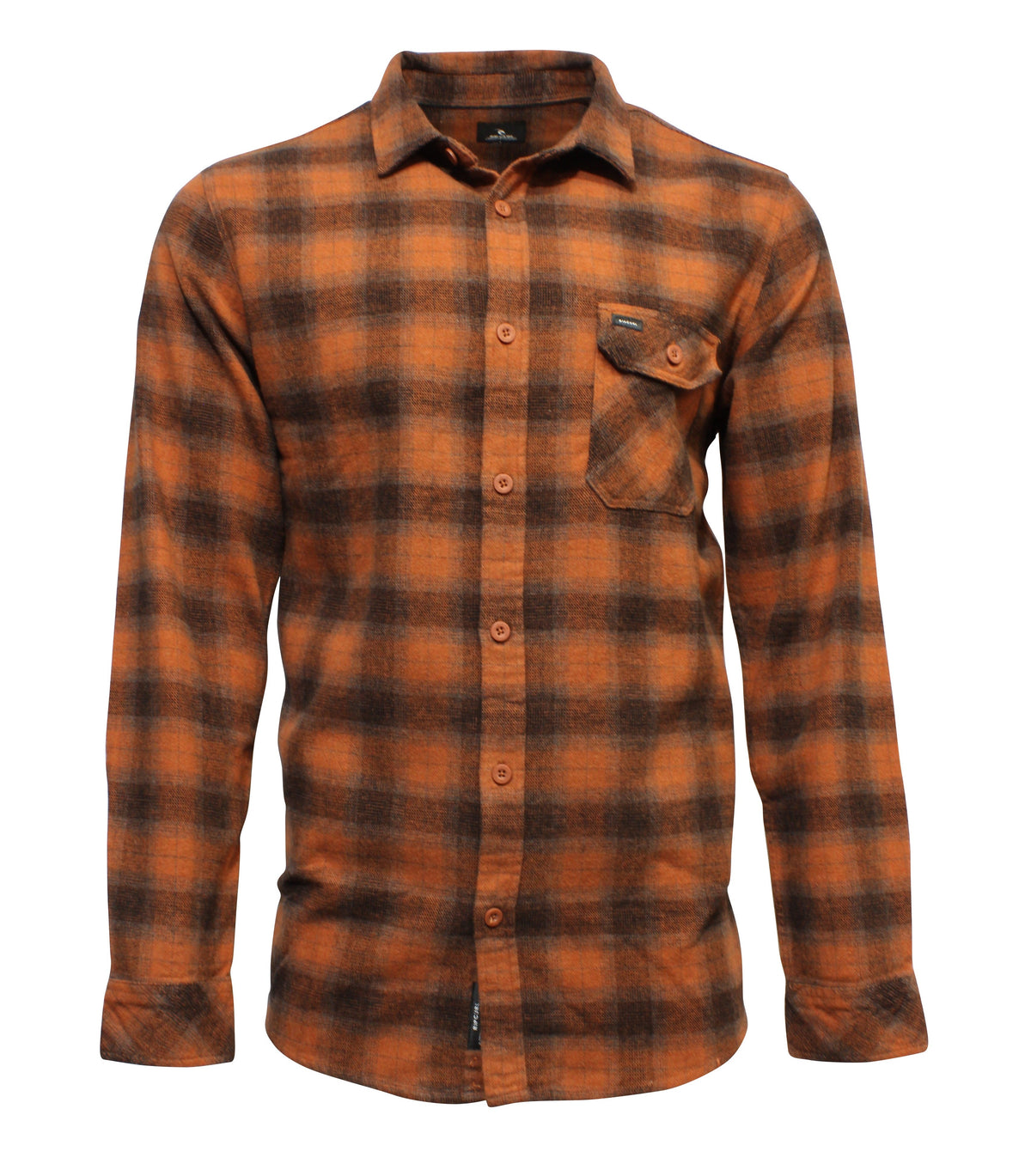 The Rip Curl Grinners Flannel Shirt showcases a relaxed fit in an orange and brown plaid pattern. Made from durable fabric, it features long sleeves, a left chest pocket, and a classic collar, all set against a plain white background.
