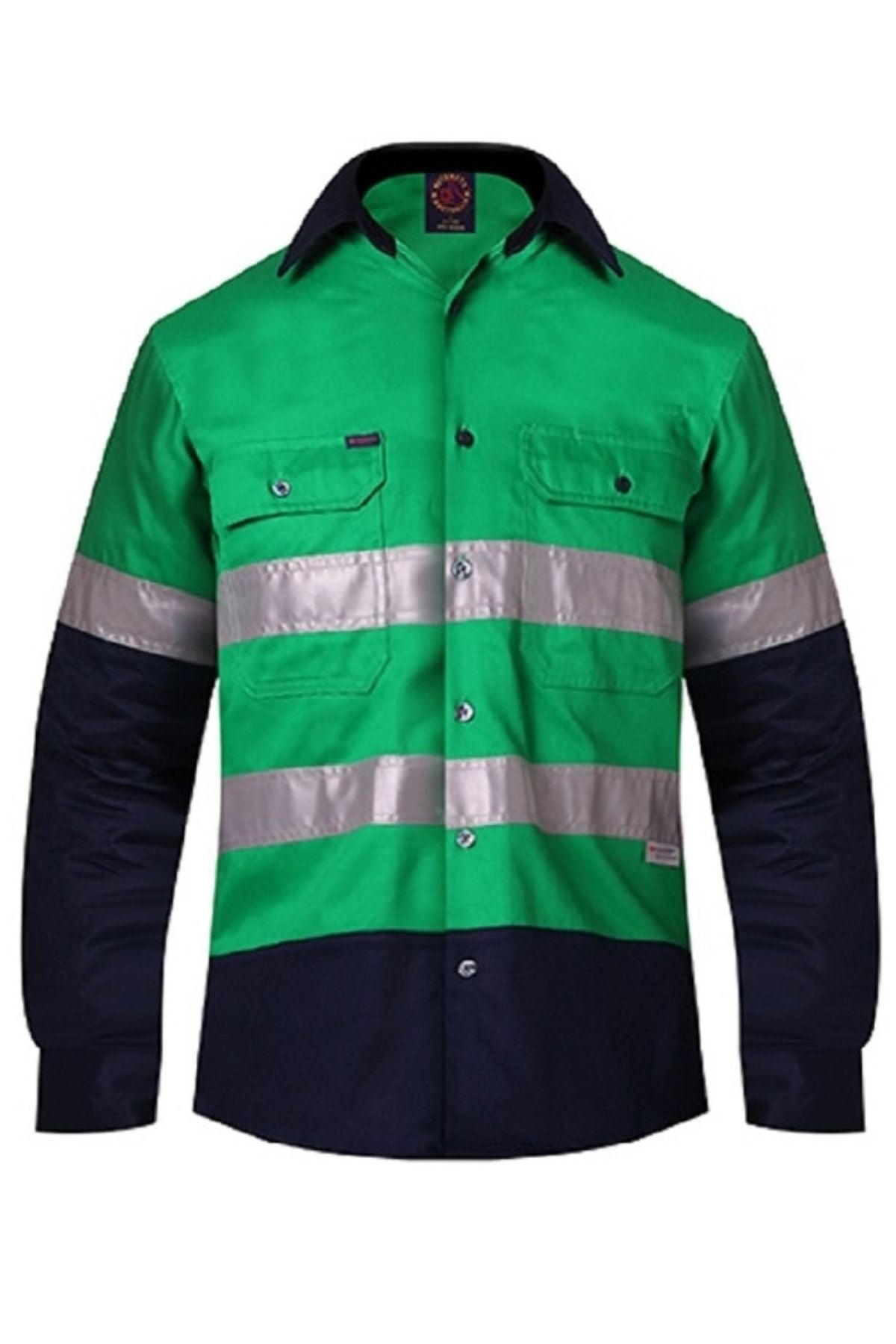 The Ritemate Hi Vis Open Front Long Sleeve 3M Tape Shirt offers UPF 50+ protection, dark navy sleeves and collar, a bright green body, two chest pockets, button closures, and two horizontal 3M tape stripes for high visibility.